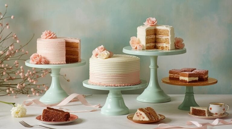 A pastel-toned dessert spread featuring gelatin molds, frosted cakes, and classic bars displayed on cake stands.
