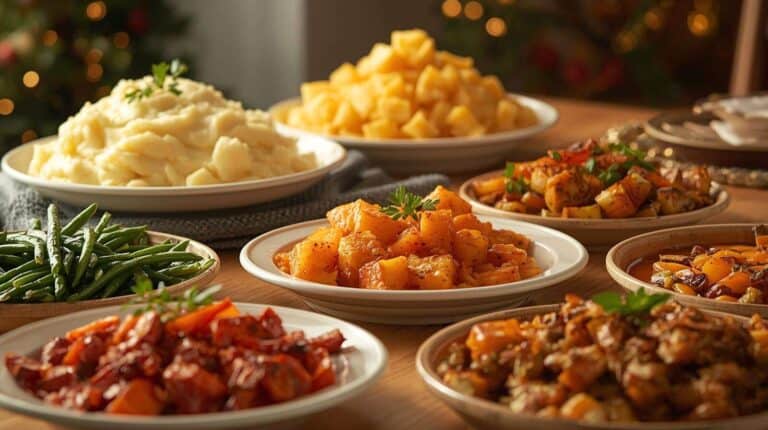 A comforting table of holiday side dishes like creamy potatoes, baked vegetables, and green beans.