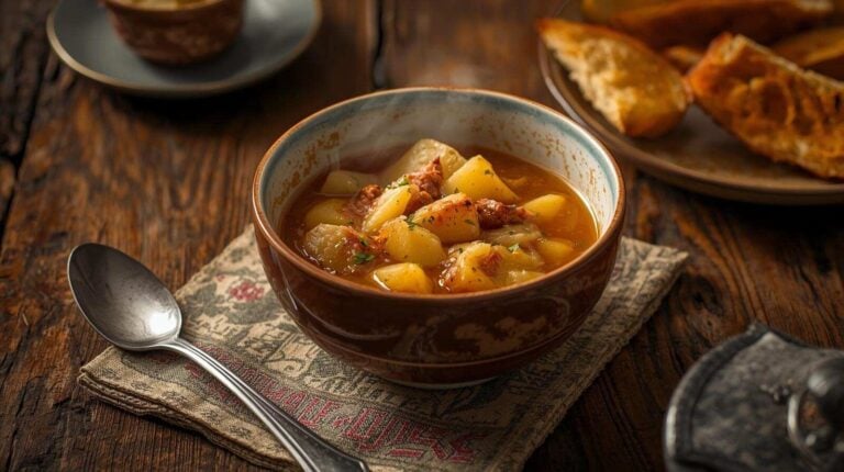 A bowl of chunky potato soup served with crusty bread.