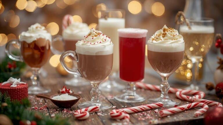 A festive drink station showcasing luxurious holiday beverages—peppermint mochas, cinnamon lattes, frothy eggnogs, and sparkling restaurant-style cocktails—served in elegant glassware.