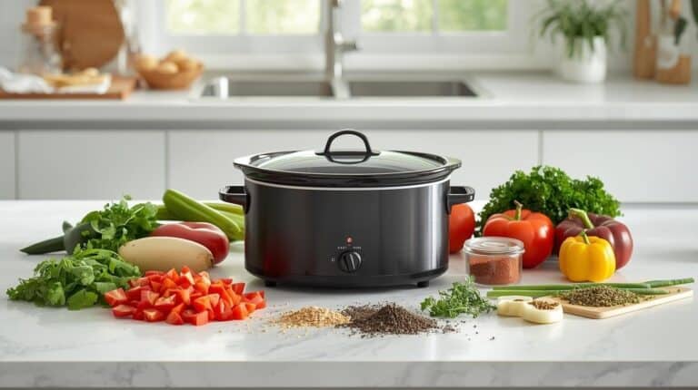 A slow cooker surrounded by simple ingredients. Bright kitchen light, clean counters, and a clear sense of ease and simplicity.