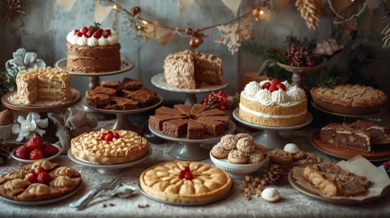 A nostalgic dessert table filled with timeless classics like pies, pound cakes, and layered bars served on heirloom plates.