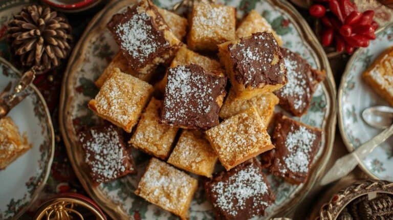 A nostalgic dessert platter stacked with buttery holiday bars and squares dusted with powdered sugar like fresh snow.