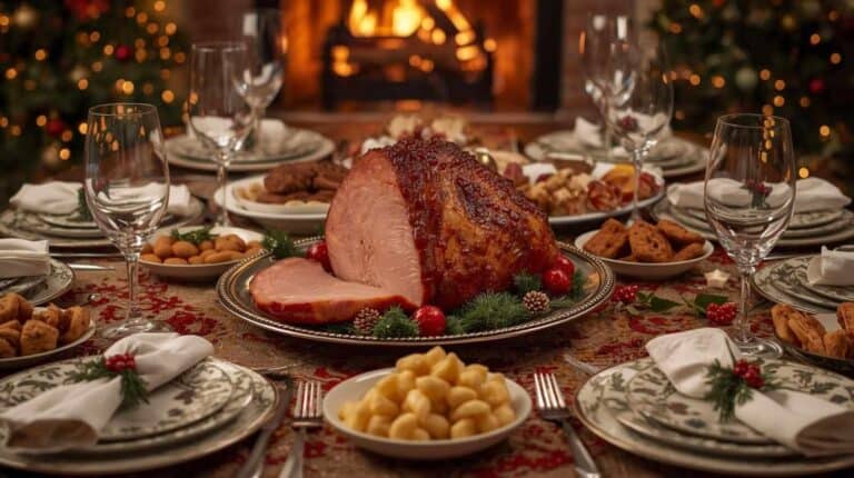 A beautifully set Christmas Eve table with comforting favorites and festive flair.