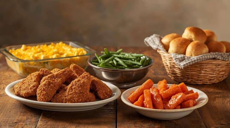 Fried chicken, glazed carrots, mac and cheese, green beans, and rolls on a table.
