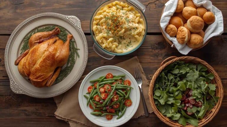 Roast chicken, mac and cheese, green beans, salad, and rolls on a wood table.
