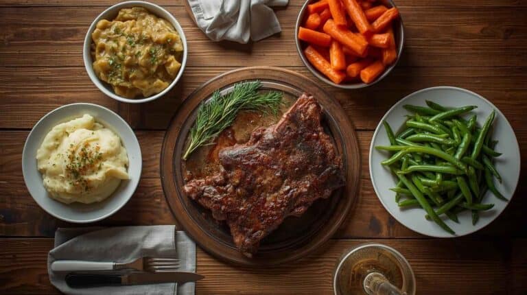Roast beef, mashed potatoes, and carrots on a wood table.