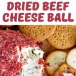 Homemade dried beef cheese ball served with crackers.