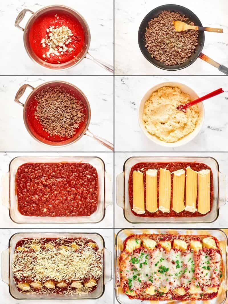 A 6-panel collage showing steps: making sauce, browning beef, mixing ricotta filling, stuffing shells, and the final baked manicotti.
