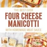 Homemade four cheese manicotti in a glass baking dish and the ingredients to make it.