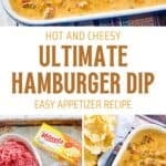 Hot and cheesy hamburger dip in a serving dish and the ingredients to make it.
