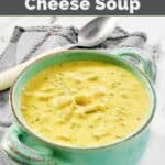 A bowl of Jason's Deli broccoli cheese soup on a marble surface.