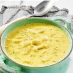 Homemade Jason's Deli broccoli cheese soup in a soup crock.