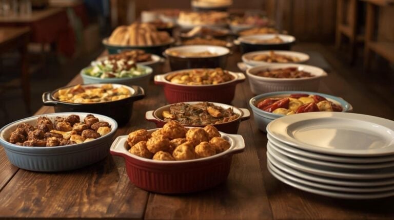 A long wooden table with various side dishes and casserole and a stack of plates.