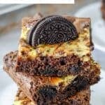 A stack of 3 homemade Oreo brownies.