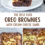 Homemade Oreo brownies in a stack, in a pan, and on a spatula.