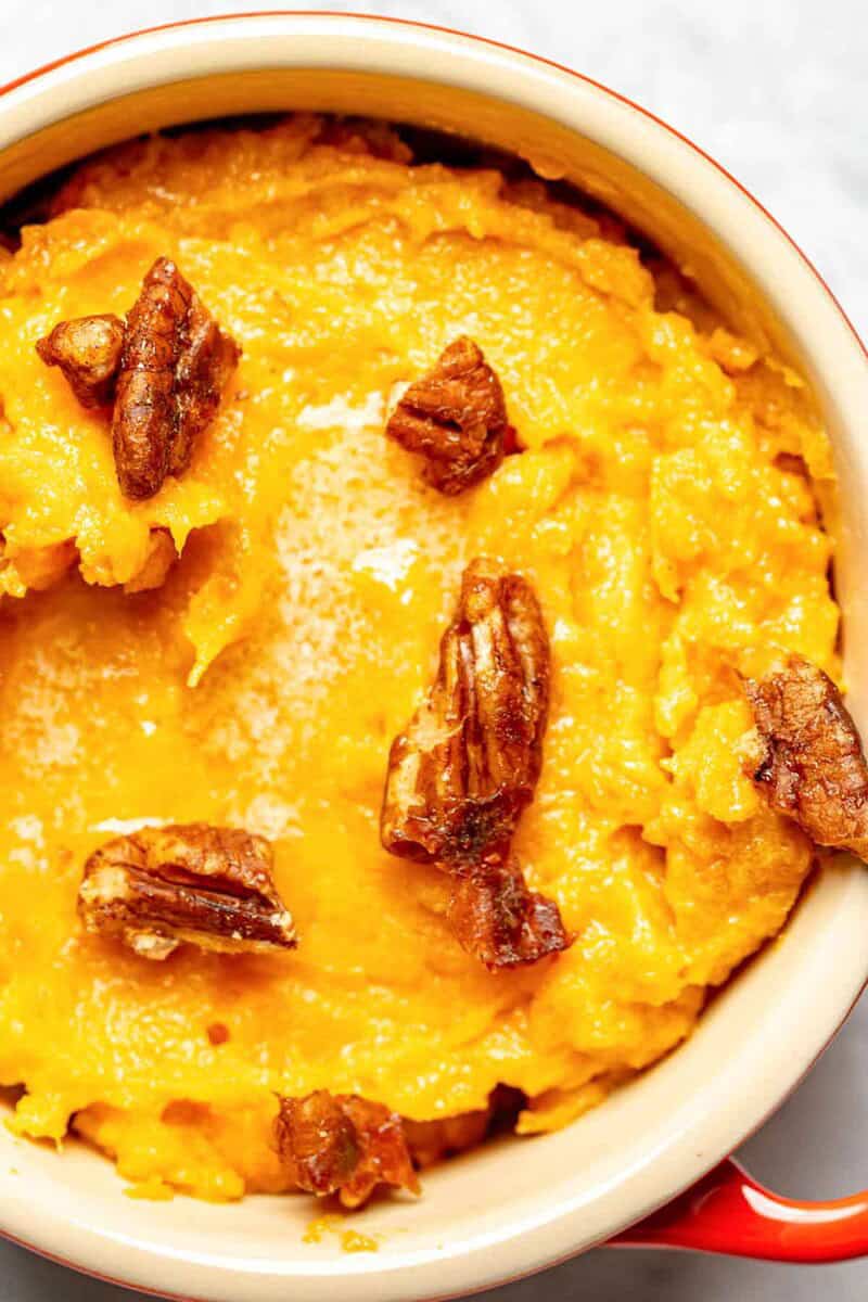 Copycat Red Lobster whipped sweet potatoes with honey roasted pecans sprinkled on top.