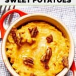 Homemade Red Lobster whipped sweet potatoes with honey roasted pecans on a cloth napkin.