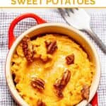 Homemade Red Lobster whipped sweet potatoes in a bowl and a fork next to it.