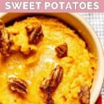 A bowl of homemade Red Lobster whipped sweet potatoes with honey roasted pecans on top.