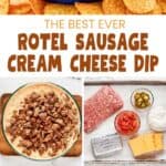 Rotel sausage cream cheese dip ingredients and the dip in a slow cooker and serving dish.