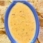 Spicy Rotel cheese dip served with corn tortilla chips.
