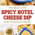 Spicy Rotel cheese dip in a small serving dish and the ingredients to make it.