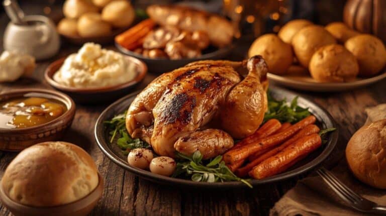 A large family dinner featuring roast chicken, mashed potatoes, gravy, roasted carrots, and rolls.