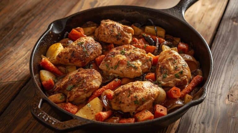A skillet filled with roasted chicken thighs, potatoes, carrots, and onions, all browned and caramelized.