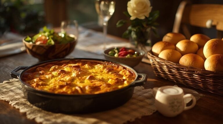 A Sunday evening table centered around a large casserole, with salad and rolls nearby.