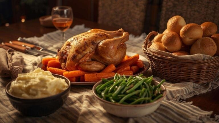 A roasted chicken and carrots on a platter, mashed potatoes, green beans, and rolls.