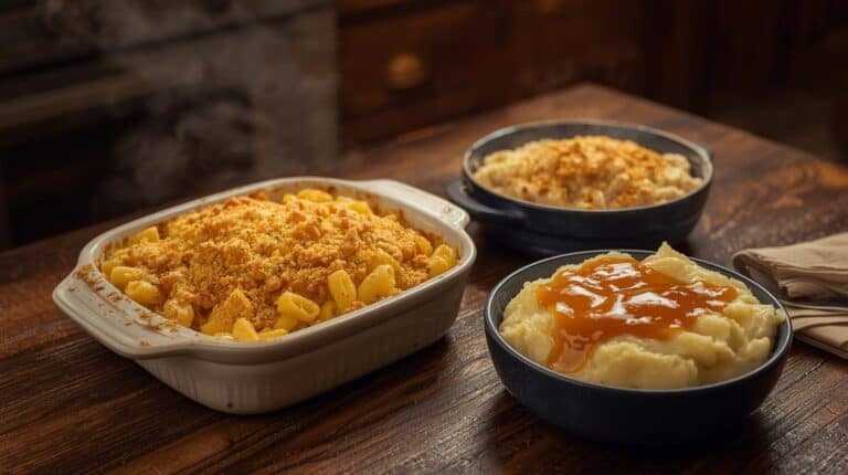 Baked mac and cheese, mashed potatoes with gravy, and creamy chicken casserole on a wood table.