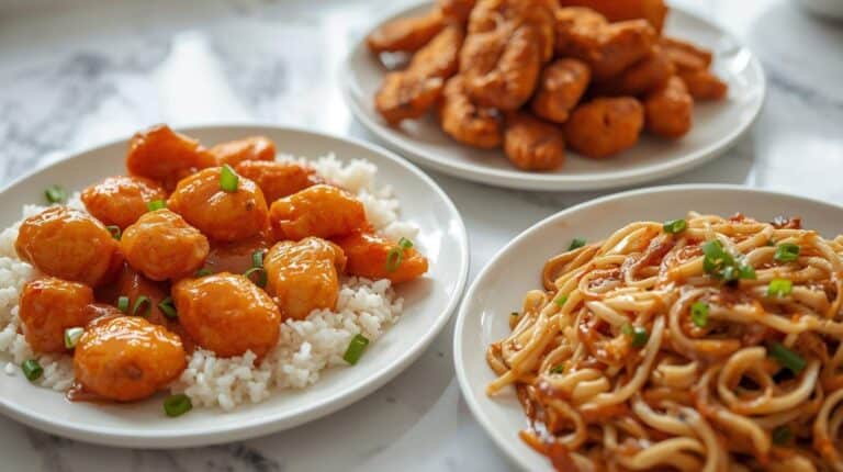 A clean kitchen counter featuring plated copycat meals: orange chicken with rice, crispy chicken tenders, and lo mein noodles.
