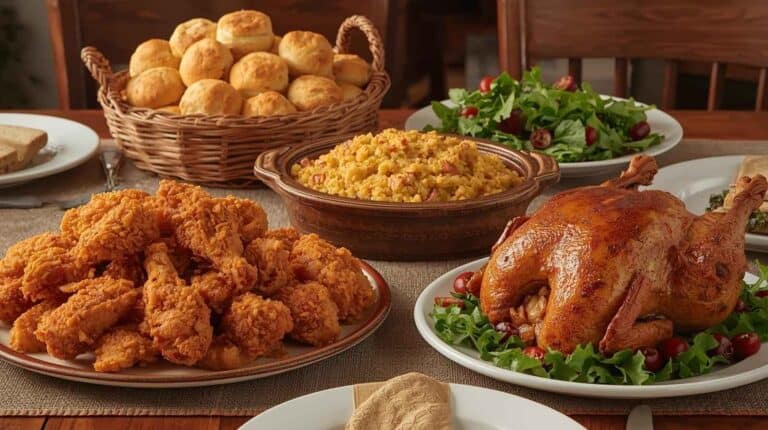 Fried chicken, roasted whole chicken, chicken and rice casserole. biscuits, and salad.