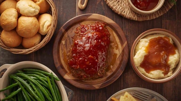 Meatloaf with ketchup glaze, mashed potatoes with gravy, green beans, and soft dinner rolls.