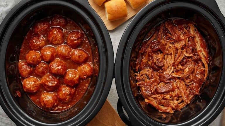 Slow cookers filled with barbecue meatballs and pulled pork. Slider buns nearby.