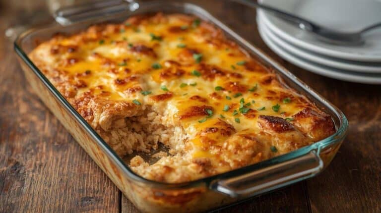 A cheesy chicken and rice casserole with a lightly browned cheese topping in a glass baking dish.