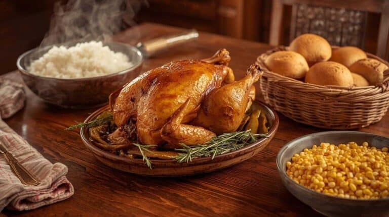 Roast chicken, corn, rice, and rolls on a table.