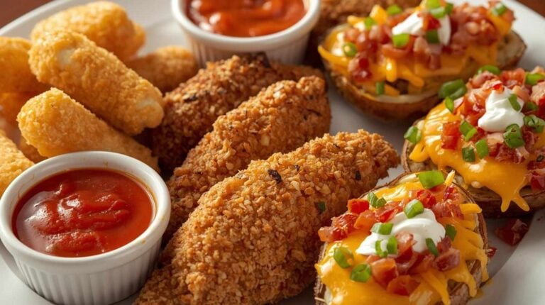 A platter of mozzarella sticks, chicken tenders, and loaded potato skins.