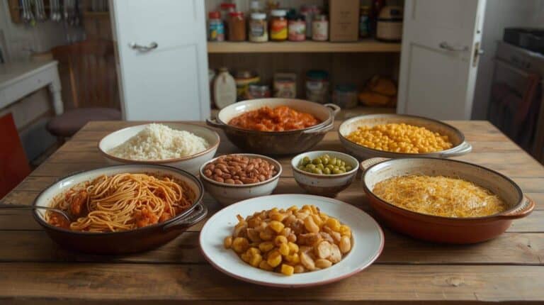 A practical meal scene featuring pantry-friendly foods: pasta with tomato sauce, rice and beans, canned tuna casserole, and canned vegetable sides.