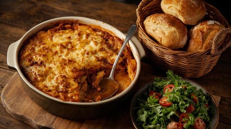 Cheesy baked pasta, mixed green salad, and rolls.