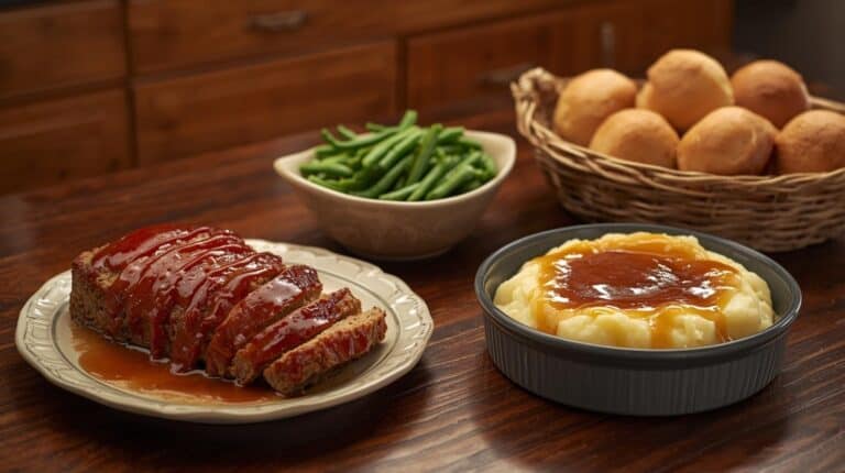 Meatloaf, mashed potatoes, green beans, and dinner rolls on a table.