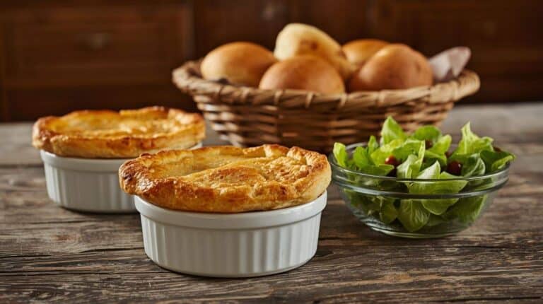 Chicken pot pies, a simple green salad, and a basket of dinner rolls.