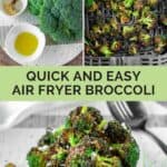 Air fryer broccoli ingredients, being air fried, and in a bowl.