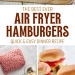 Air fryer hamburgers on a wood board, being air-fried, and the ingredients to make them.
