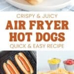 Two hot dogs with buns in an air fryer and on a plate.