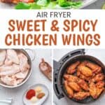 Air fryer sweet and spicy chicken wings, air frying them, and the ingredients to make them.