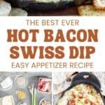 Bacon and swiss cheese dip in a cast iron dish and the ingredients to make it.