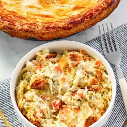 Disney chicken pot pie baked and served in a bowl.