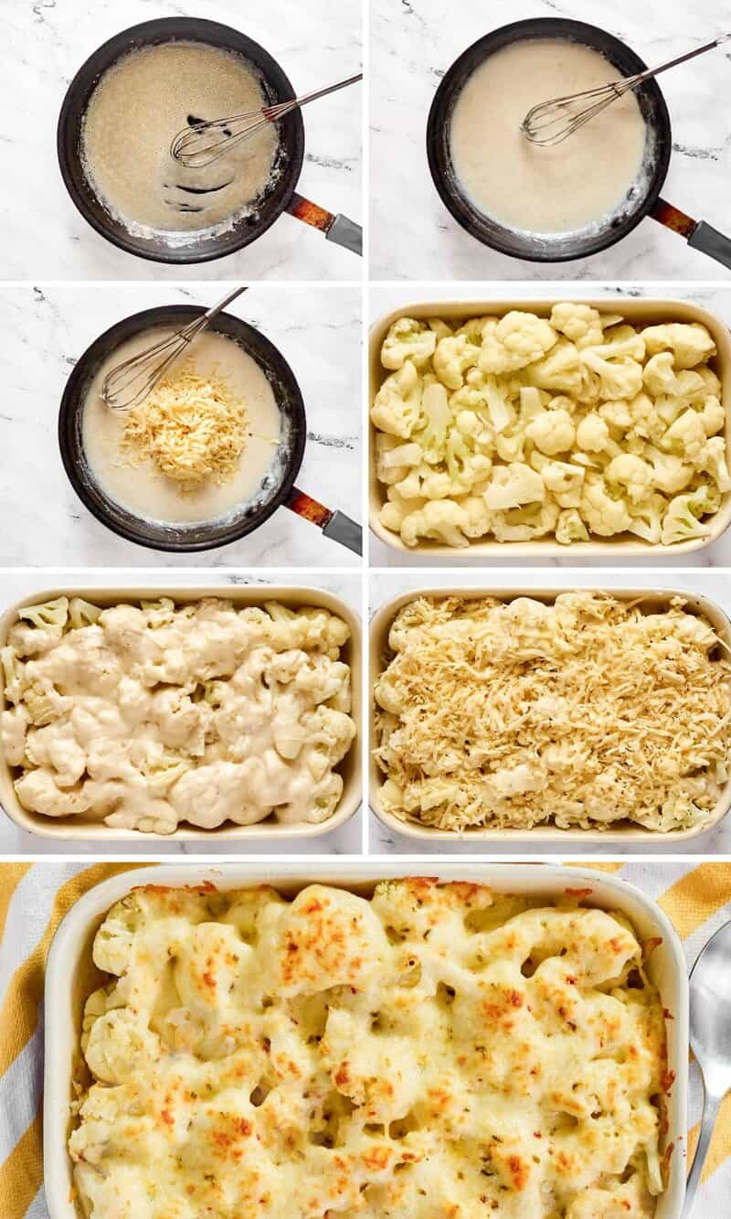 Making spicy cheese sauce and assembling it with cauliflower and cheese for baking.